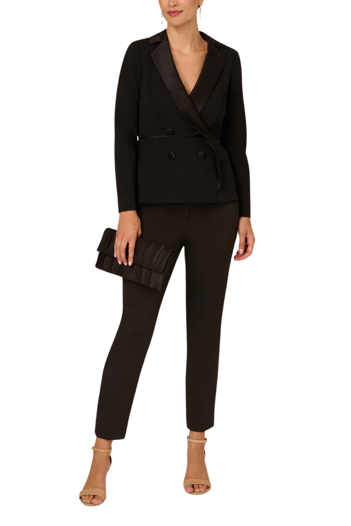 Adrianna Papell Charmeuse-Trim Crepe Tuxedo Top - Wholesale - BLACK - Front full view