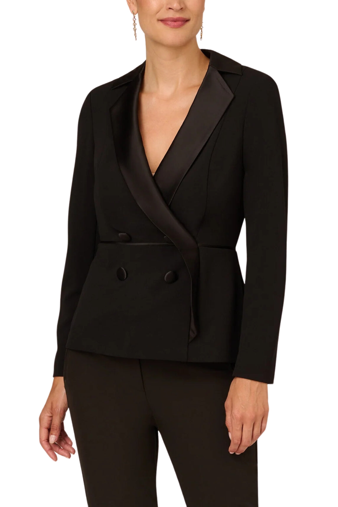 Adrianna Papell Charmeuse-Trim Crepe Tuxedo Top - Wholesale - BLACK - Front 