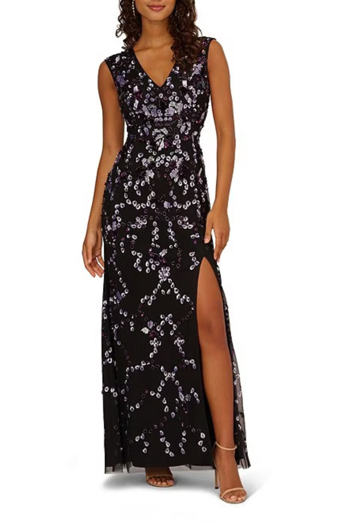 Adrianna Papell Beaded V Neck Cap Sleeve Font Slit Gown - Wholesale - BLACK PURPLE - Front