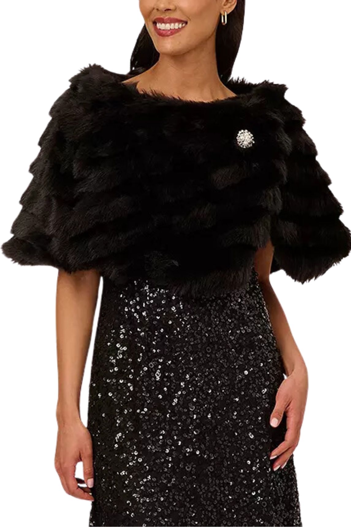 Adrianna Papell Stone Broach Faux Fur - Wholesale  - BLACK - Front 