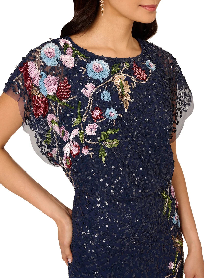Midnight Multi Crew Neck Floor-Length Sequin Formal Mermaid Gown Floral Embroidery and Flutter Sleeves Adrianna Papell AP1E211531