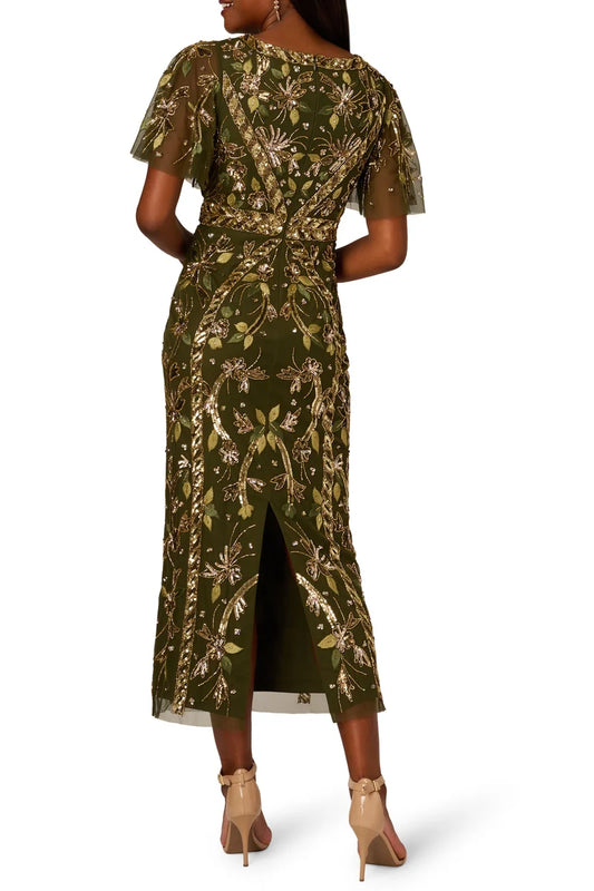 Adrianna Papell AP1E211444 Midi Sequin V Neck Dress