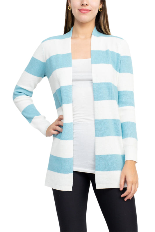 Cyrus Open Front Long Sleeve Stripe Pattern Knit Jacket - BLUE WHITE - FRONT 