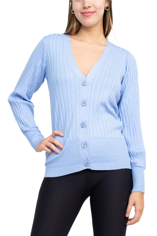 Cyrus V-Neck Button Down Long Sleeve Knit Cardigan - BLUEBERRY ICE - FRONT 