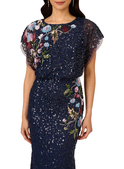 Midnight Multi Crew Neck Floor-Length Sequin Formal Mermaid Gown Floral Embroidery and Flutter Sleeves Adrianna Papell AP1E211531
