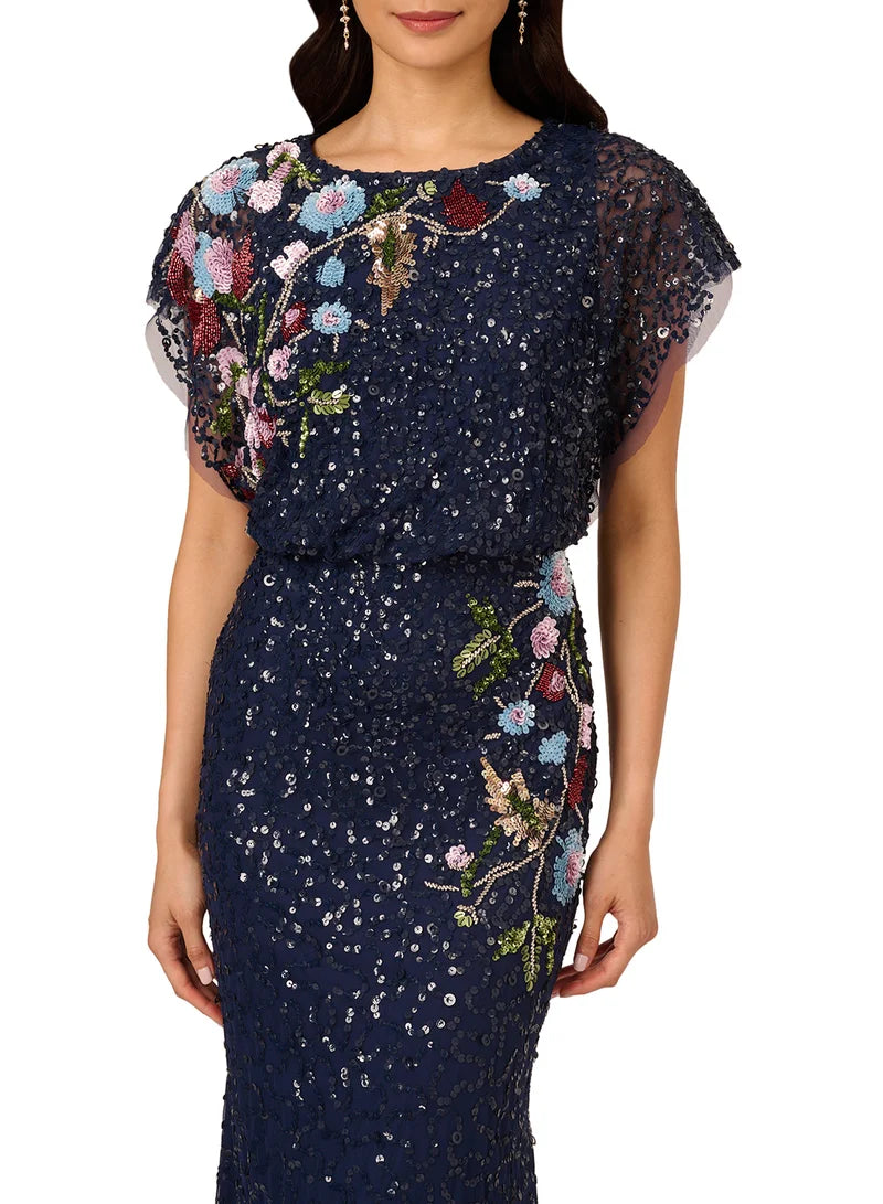 Midnight Multi Crew Neck Floor-Length Sequin Formal Mermaid Gown Floral Embroidery and Flutter Sleeves Adrianna Papell AP1E211531