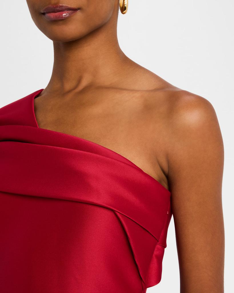 Red One-Shoulder Midi-Length Satin Formal Sheath Dress Draped Neckline Badgley Mischka SC4316