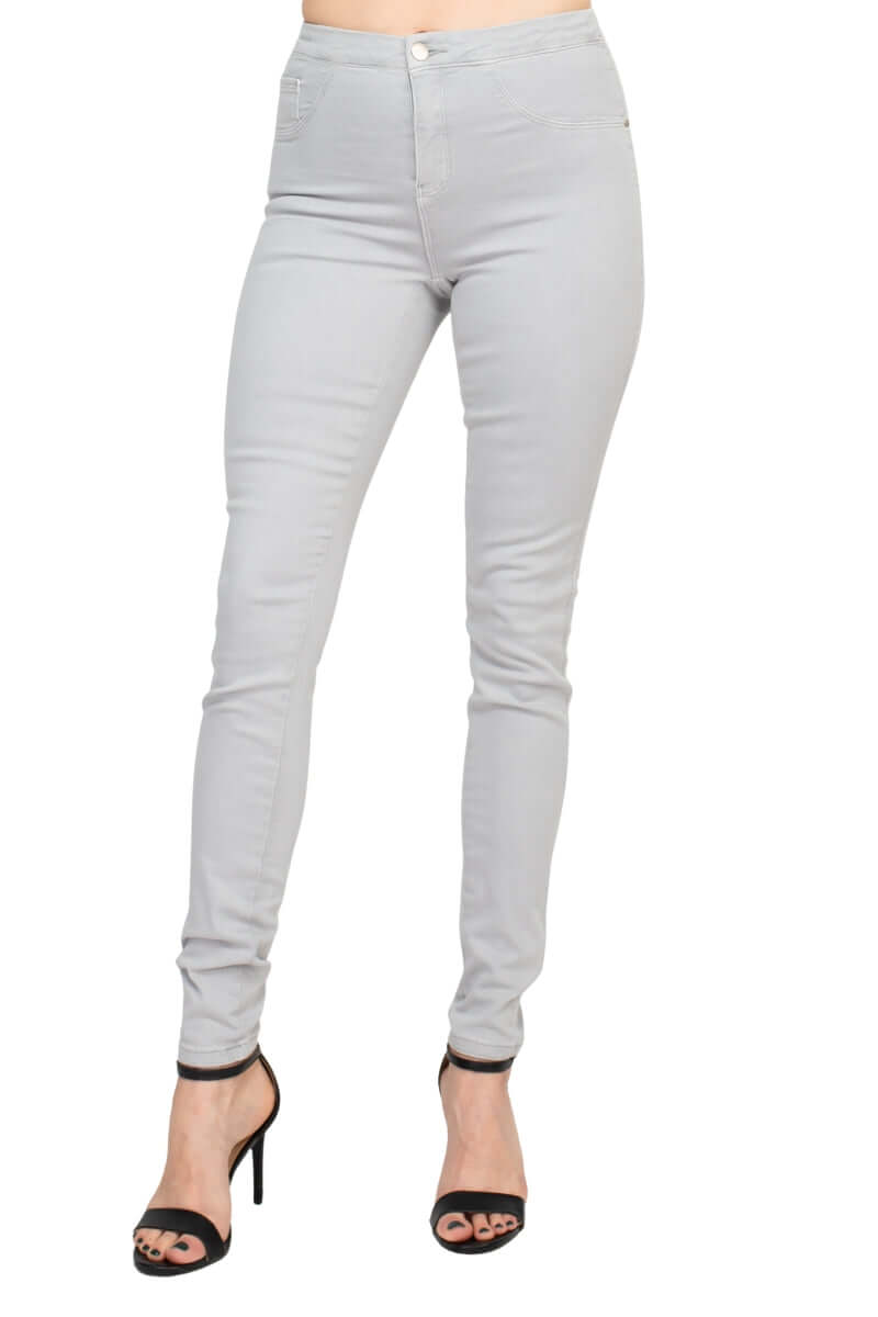 Cenia MId Waist Pockets Stretched Denim Pants - Wholesale - LIGHT GREY - Front 