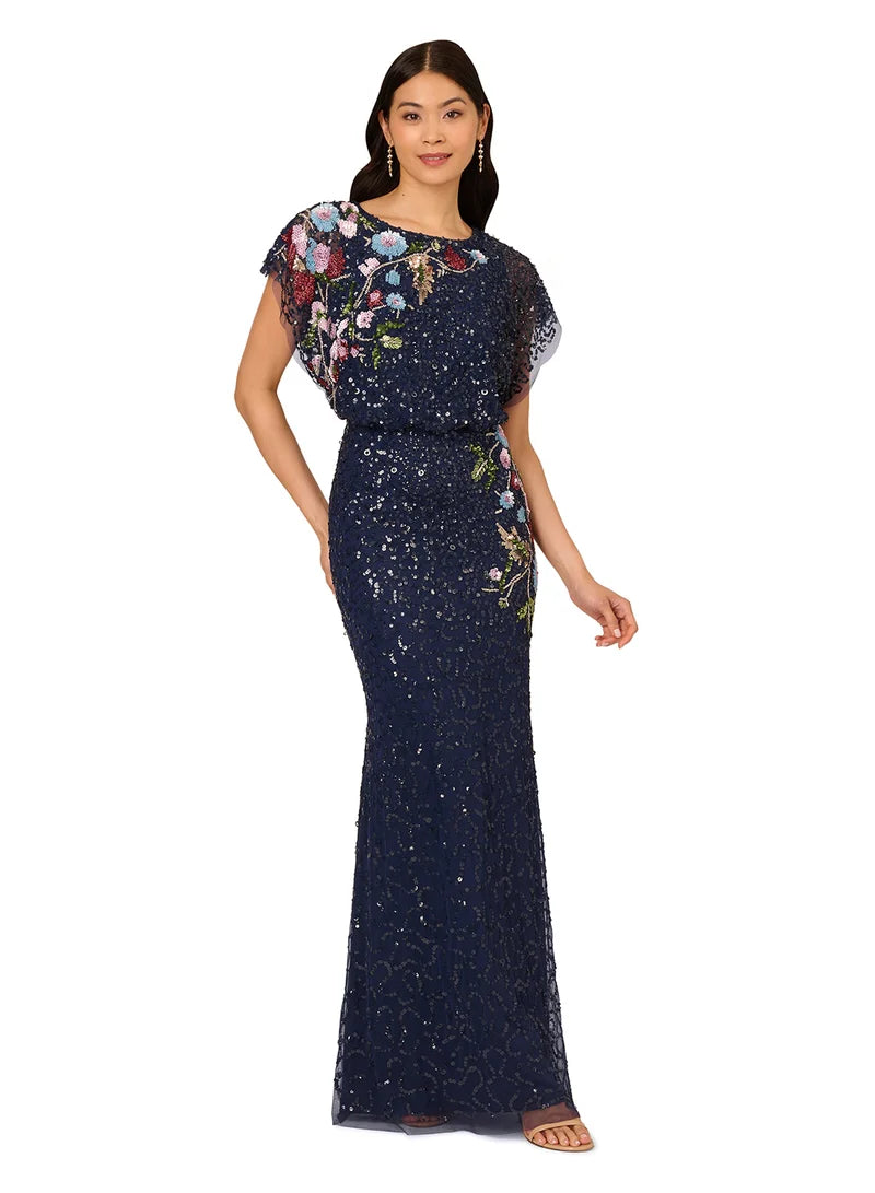 Midnight Multi Crew Neck Floor-Length Sequin Formal Mermaid Gown Floral Embroidery and Flutter Sleeves Adrianna Papell AP1E211531