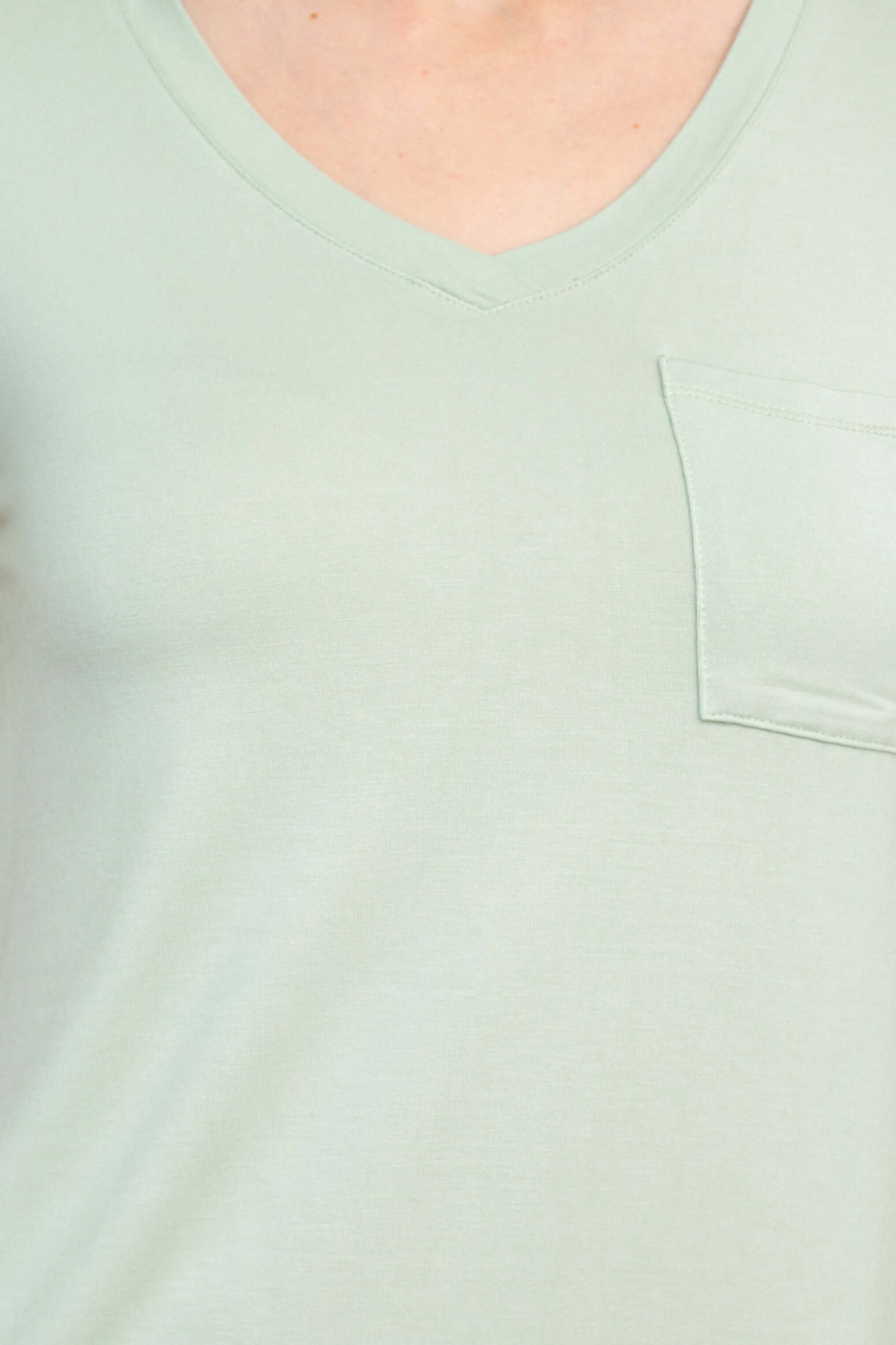 Cable & Guage Scoop Neck Short Sleeve Pocket Solid ITY Top - VINTAGE SAGE - neck 