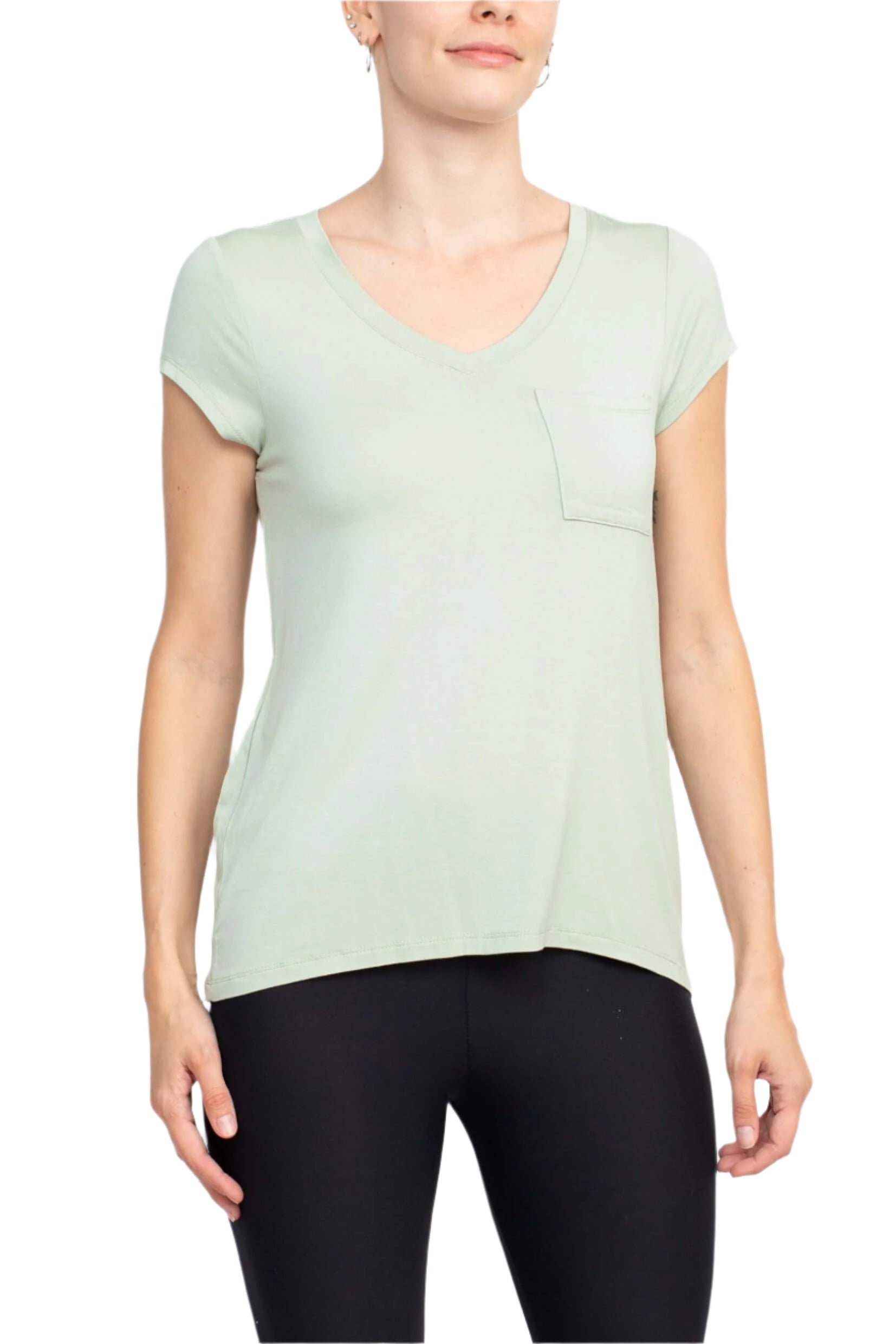 Cable & Guage Scoop Neck Short Sleeve Pocket Solid ITY Top - VINTAGE SAGE - front 