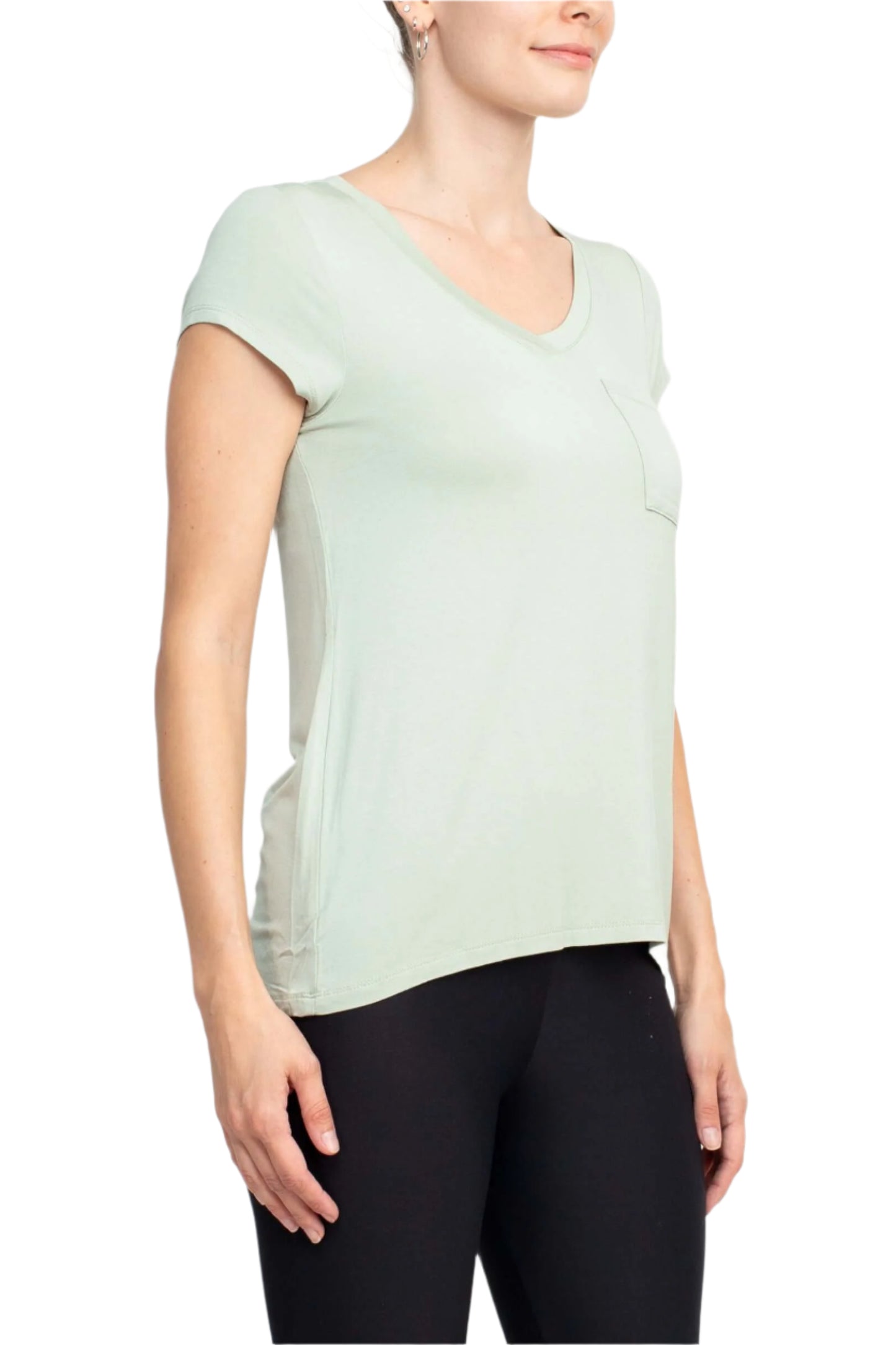 Cable & Guage Scoop Neck Short Sleeve Pocket Solid ITY Top - VINTAGE SAGE - side