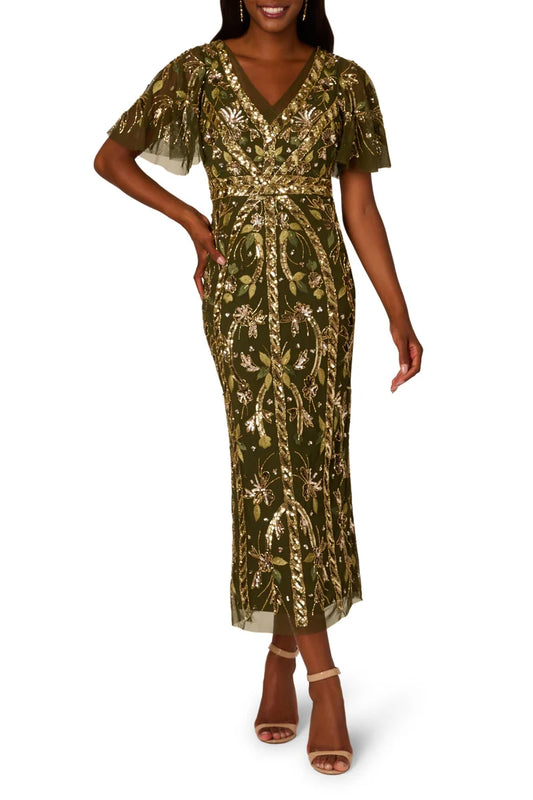 Adrianna Papell AP1E211444 Midi Sequin V Neck Dress