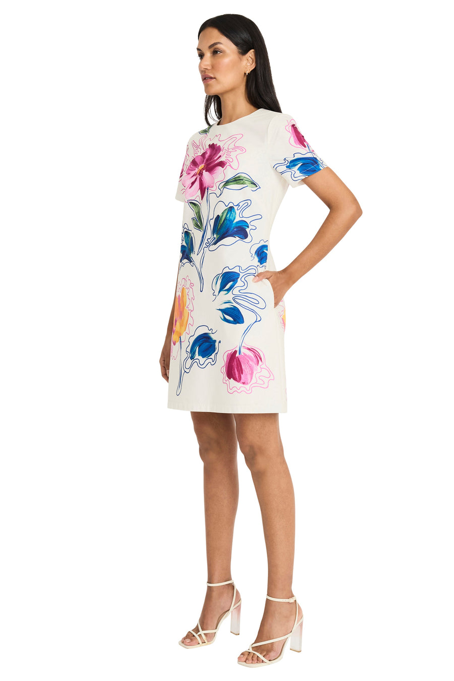 Maggy London G6344M Honor Ivory/Pink floral shift dress, angled view