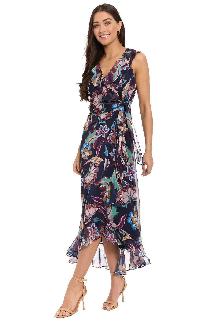 London Times New Ruffle Hem Maxi Dress In Navypurple T10581M