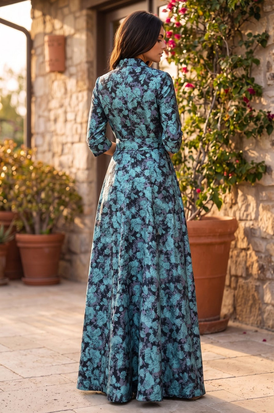 Dark Lilac floral collared long sleeve A-line gown, view 3