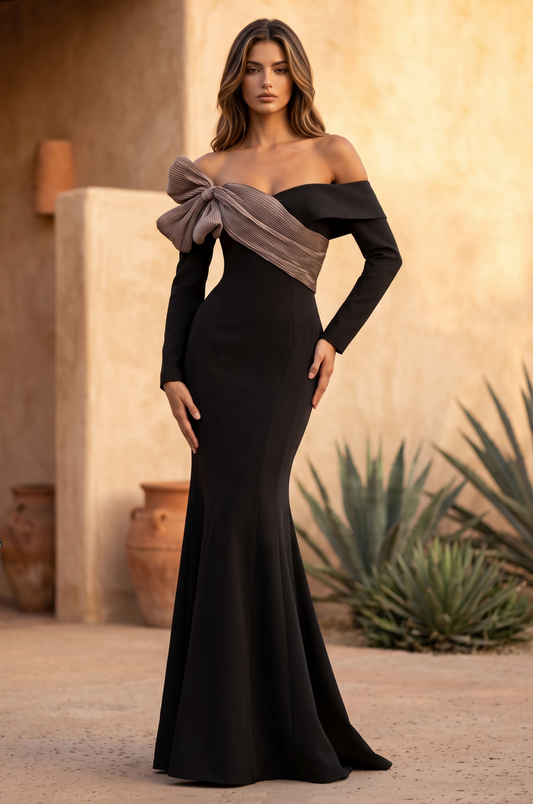Black and Deep Brown off-the-shoulder bow mermaid gown