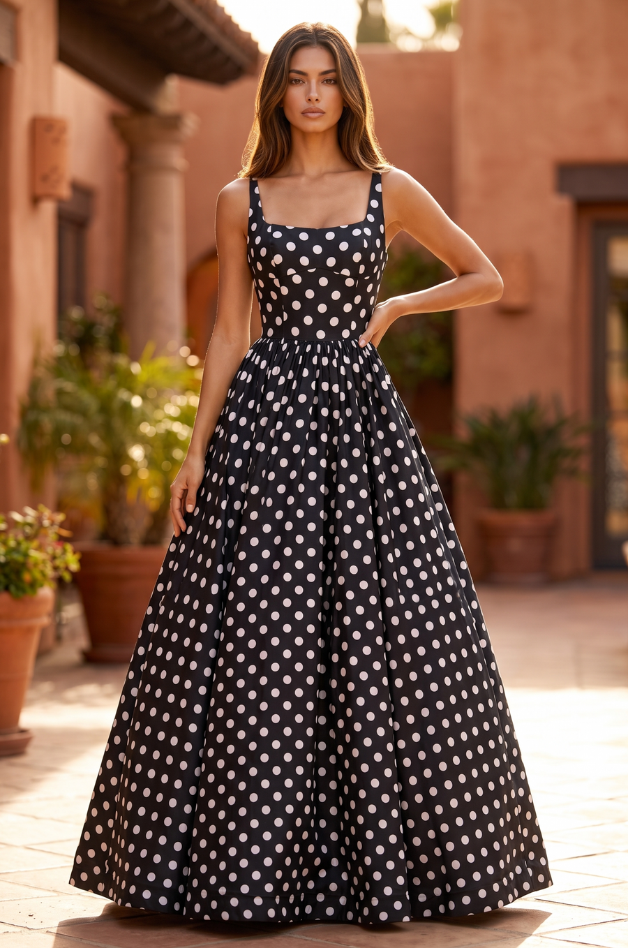 Square Neck Polka Dot Full Skirt Formal Gown