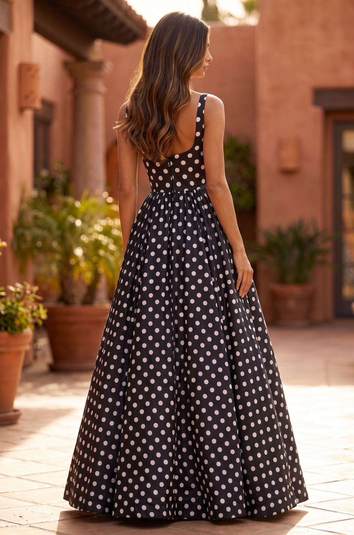 Square Neck Polka Dot Full Skirt Formal Gown