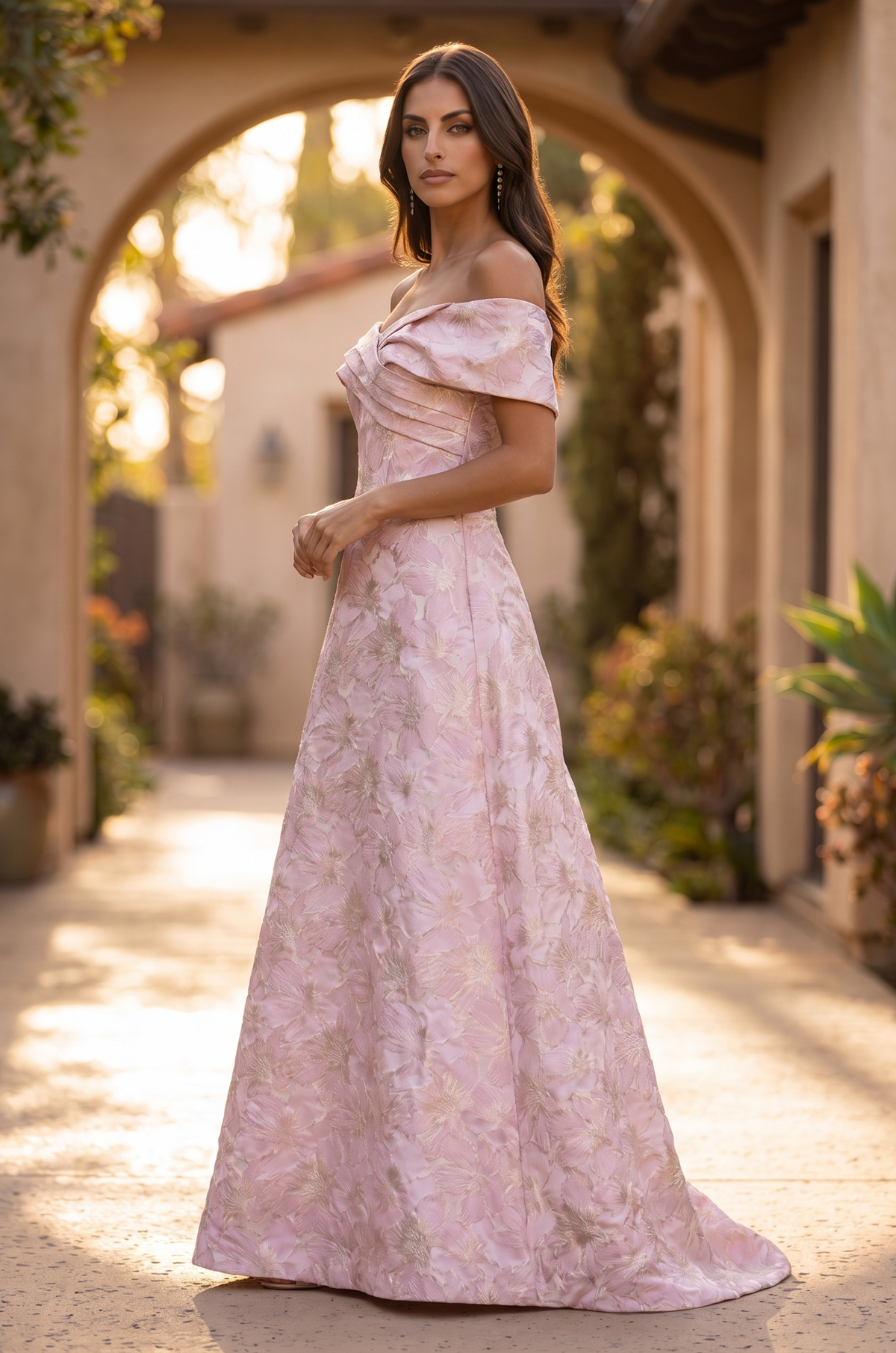 Pink floral jacquard off-shoulder A-line gown