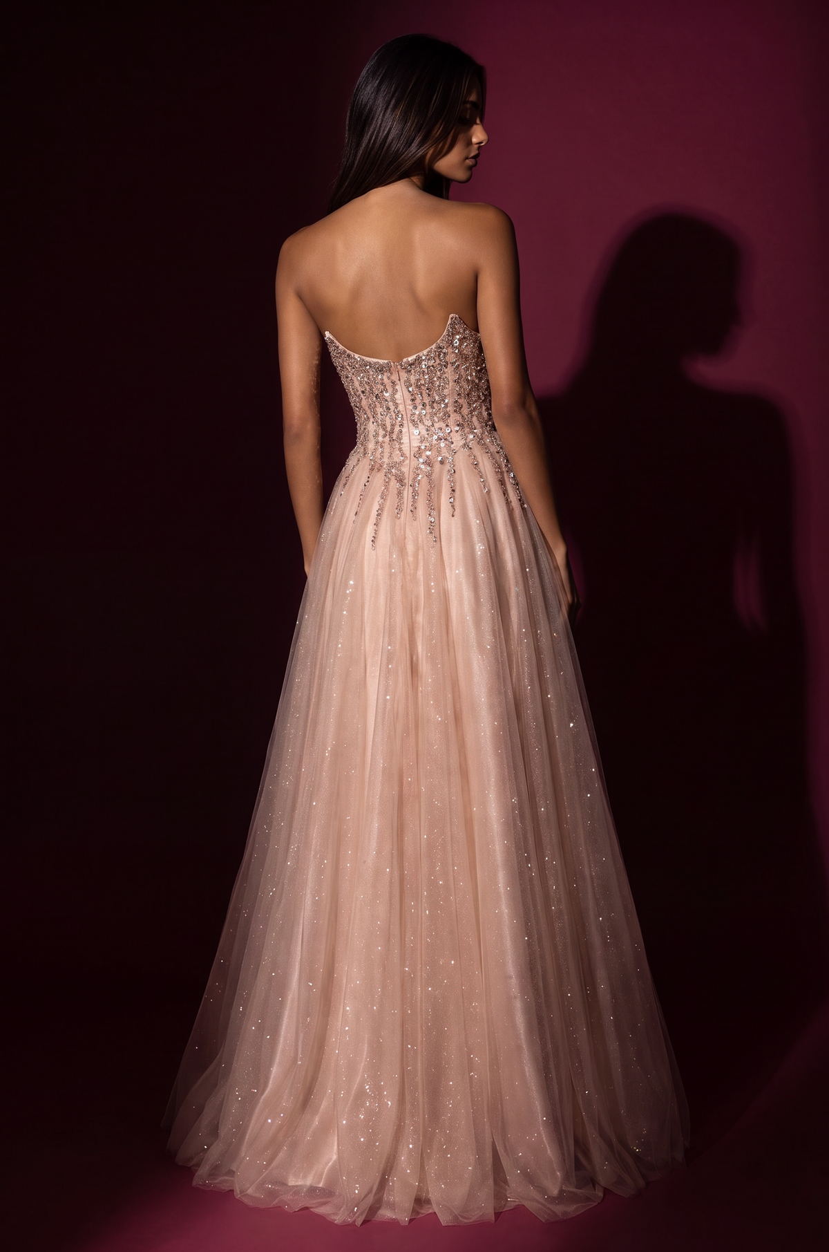 Champagne A-line strapless glitter tulle prom gown, back view