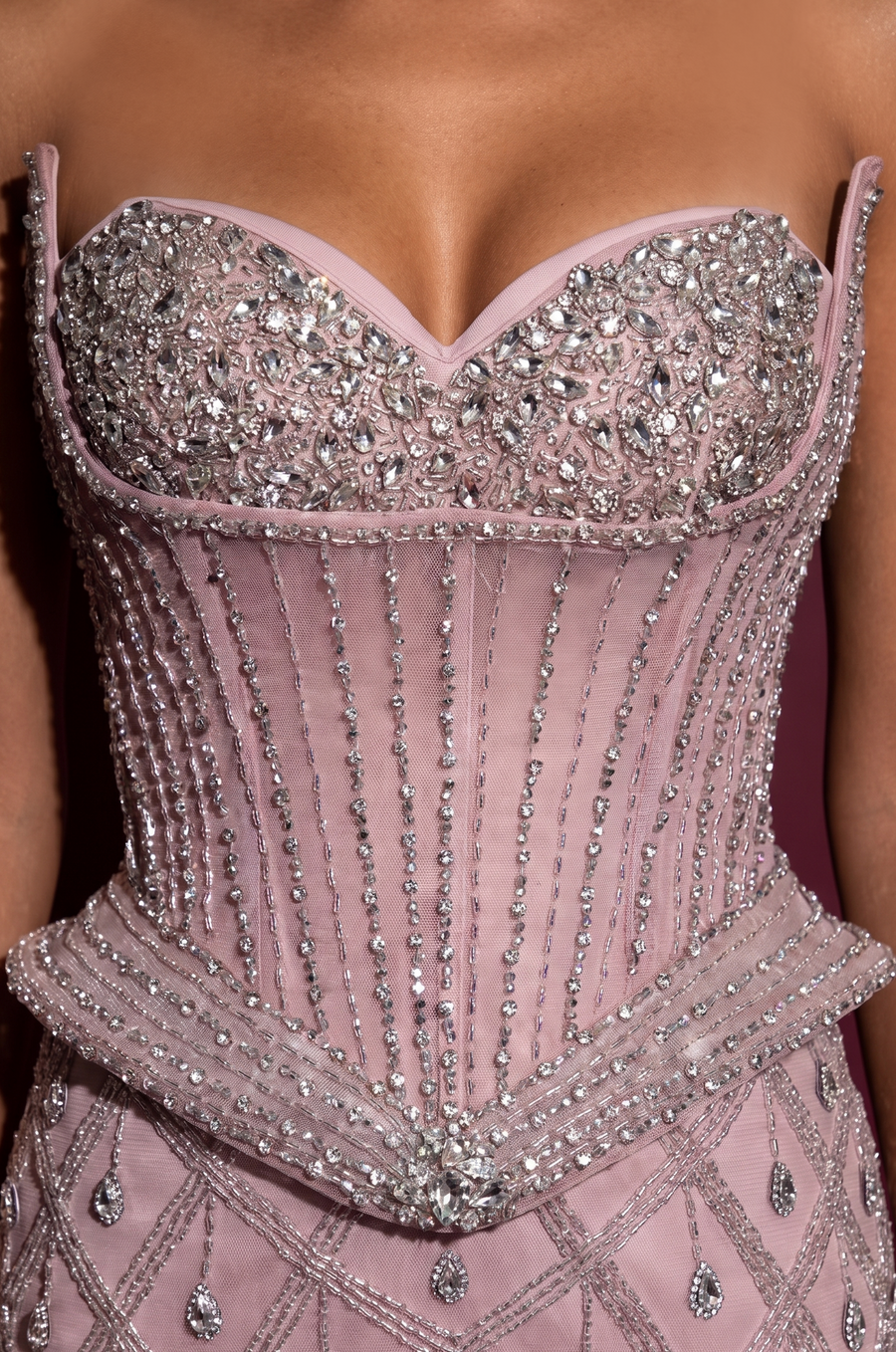 Pink Beaded Corset Fitted Peplum Couture Dress