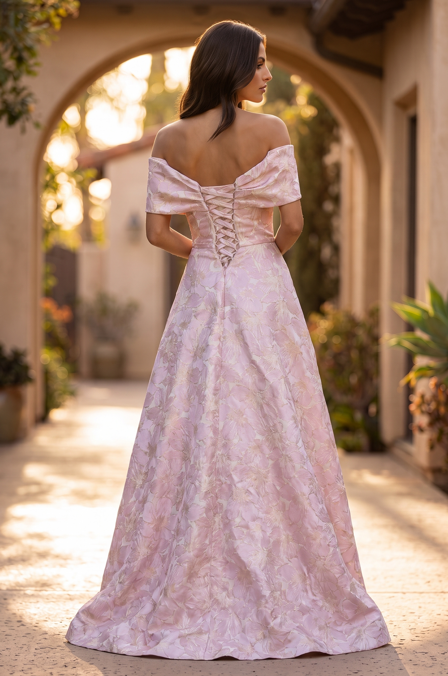 Pink floral jacquard off-shoulder A-line gown