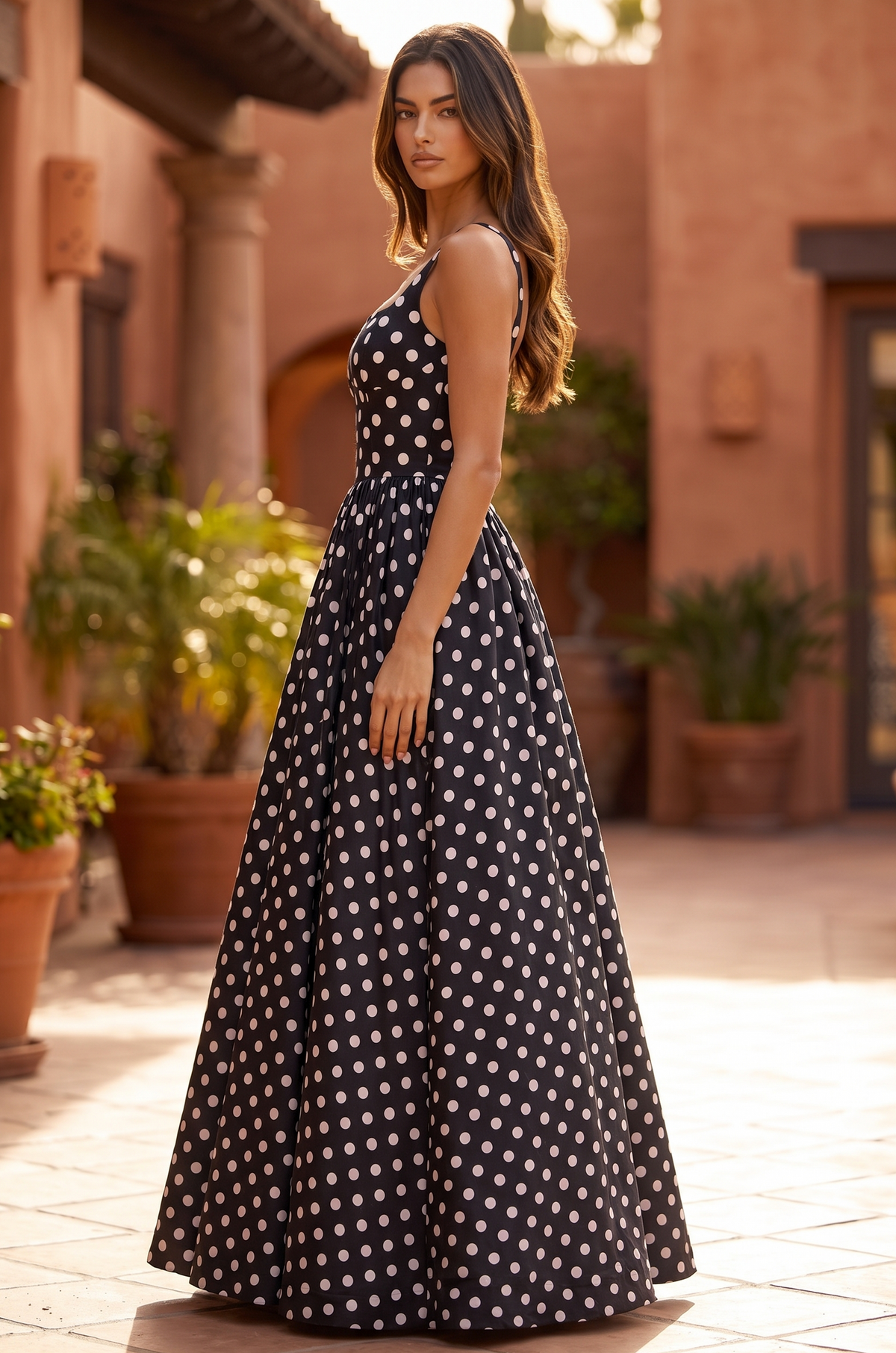 Square Neck Polka Dot Full Skirt Formal Gown