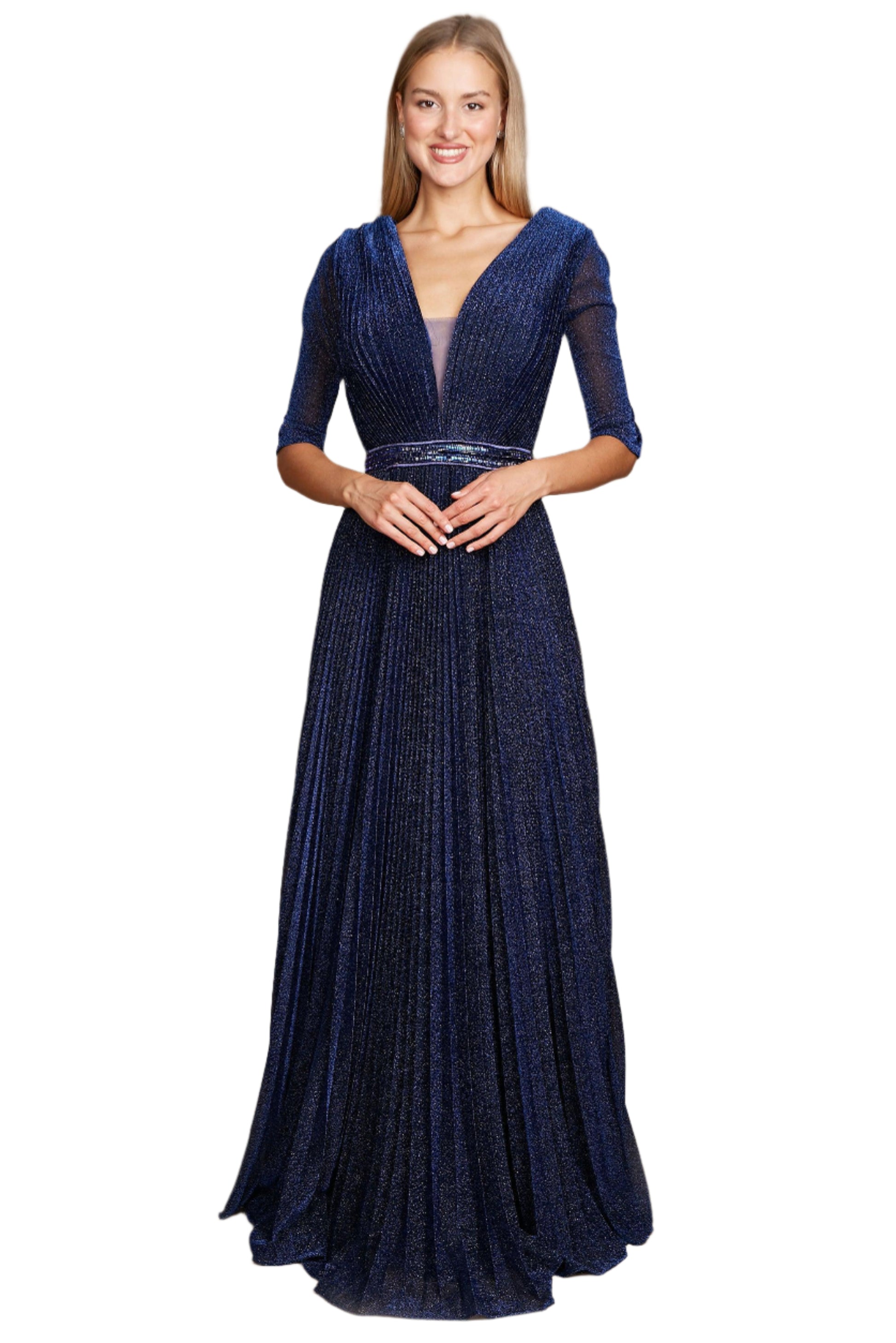 Dylan and Davids Full-Length 3/4 Sleeve Formal Gown Evening Dress - NAVY - Front View