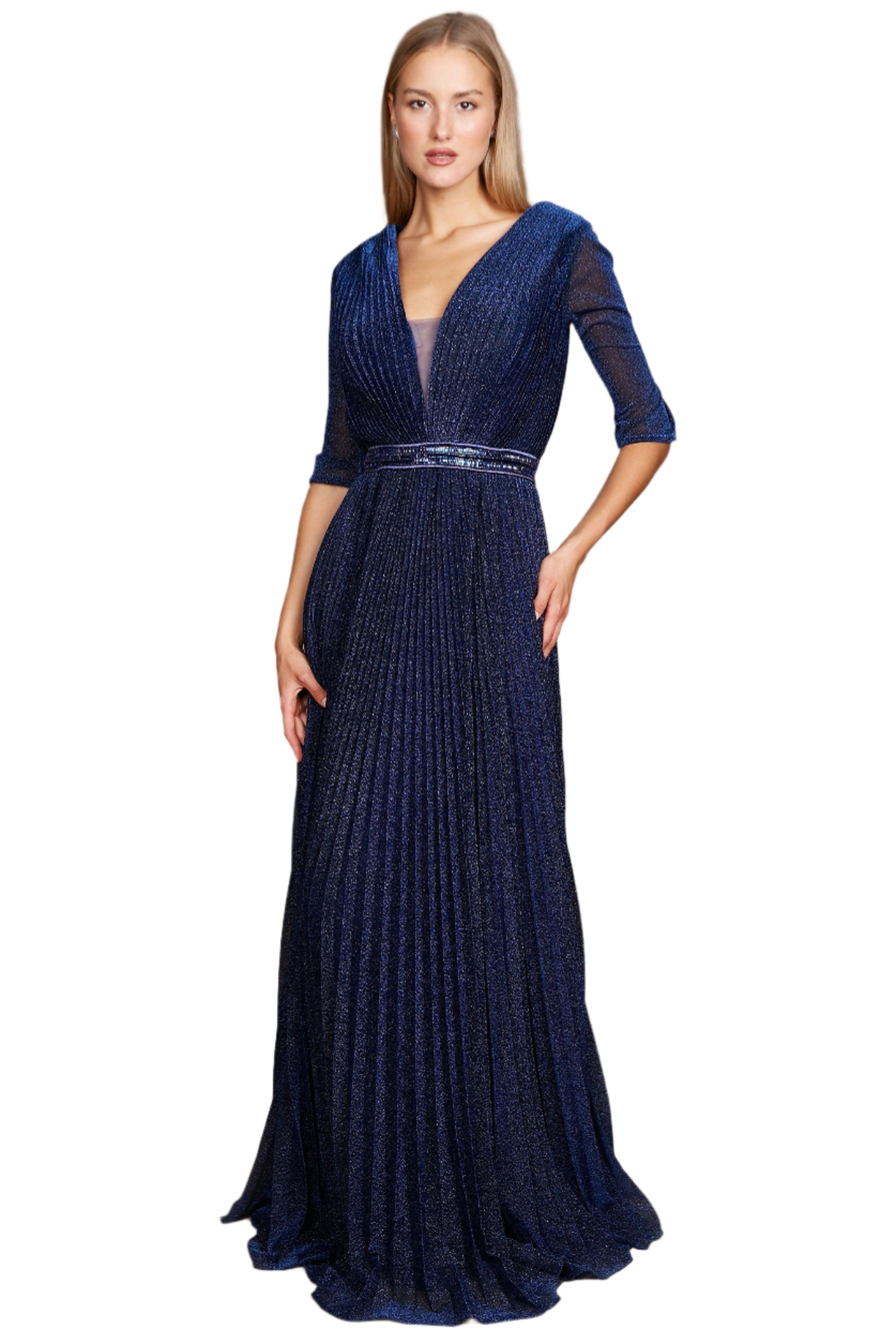 Dylan and Davids Full-Length 3/4 Sleeve Formal Gown Evening Dress - NAVY - Front