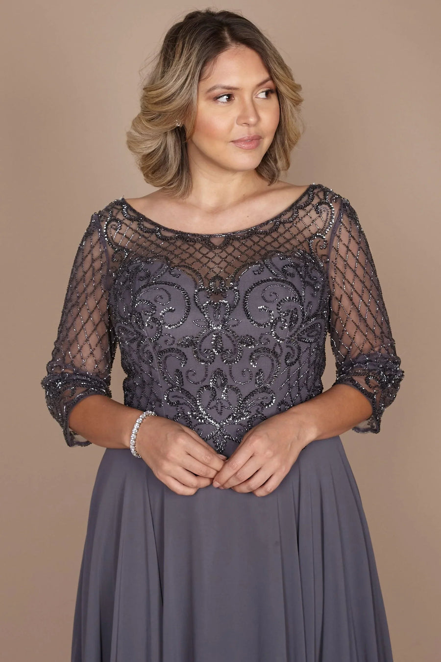 Long Sleeve Hand Beaded Mother of The Bride Dress