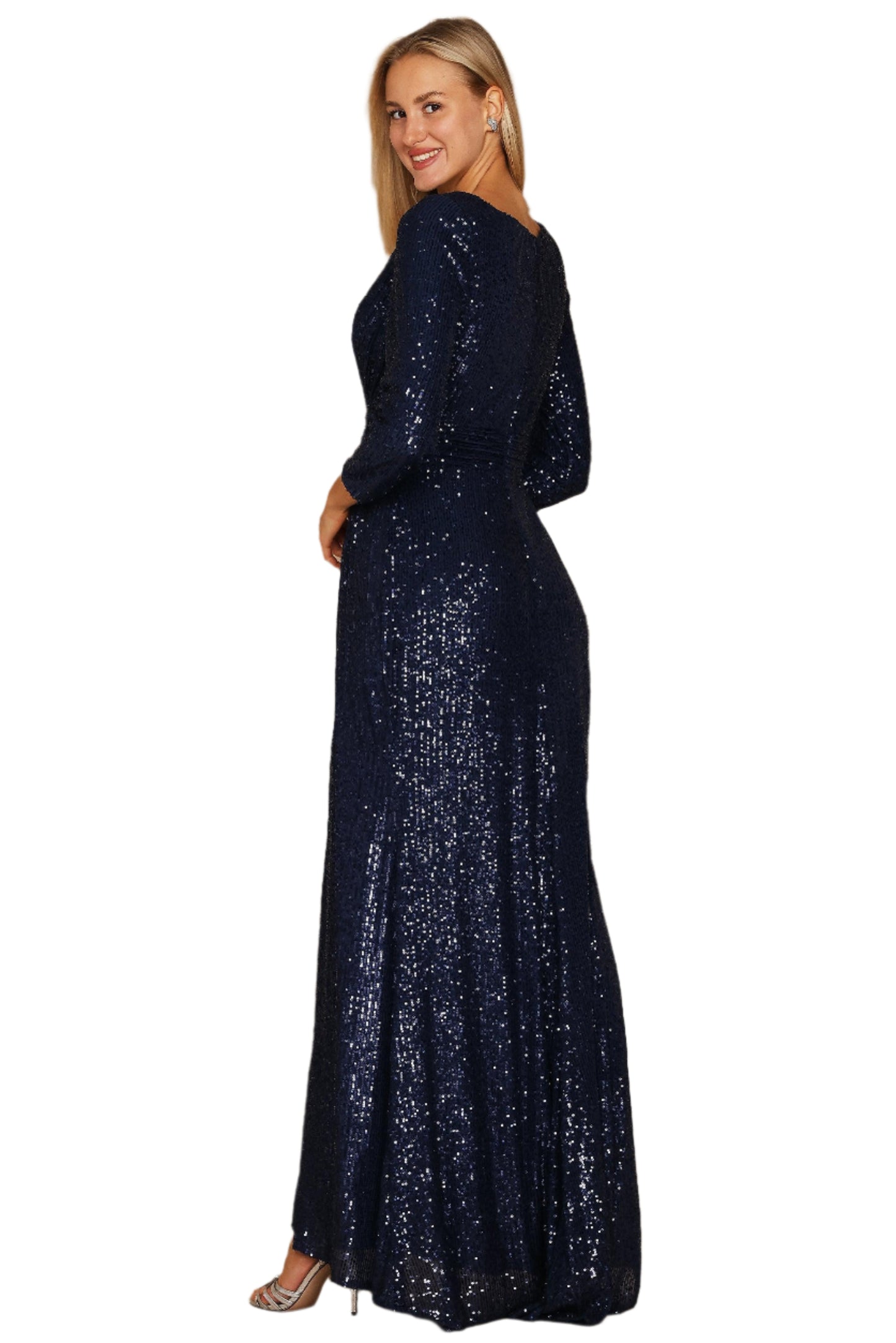Dylan and Davids 3/4 Length Sleeve Sequin Formal Hand Beaded Gown Dress - NAVY - SIDE VIEW