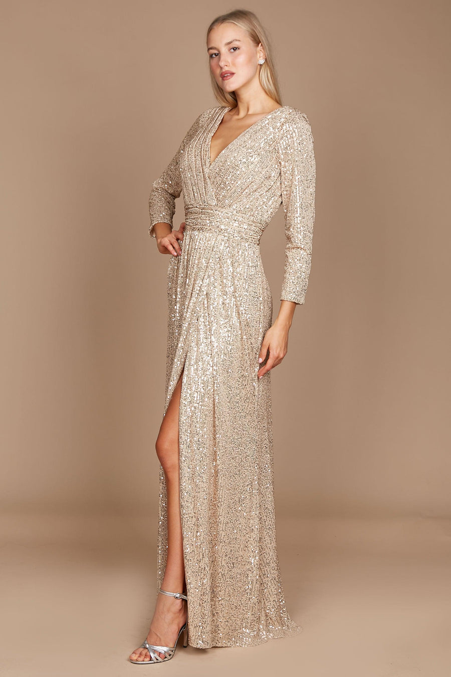 Long Sleeve Sequin Formal Hand Beaded Dress