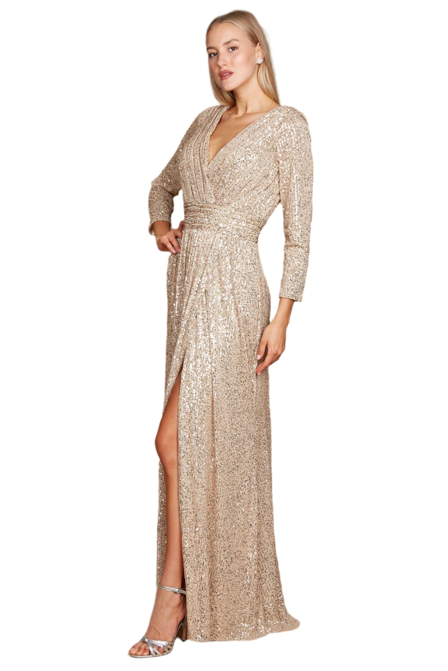 Dylan and Davids 3/4 Length Sleeve Sequin Formal Hand Beaded Gown Dress - GOLD - SIDE 