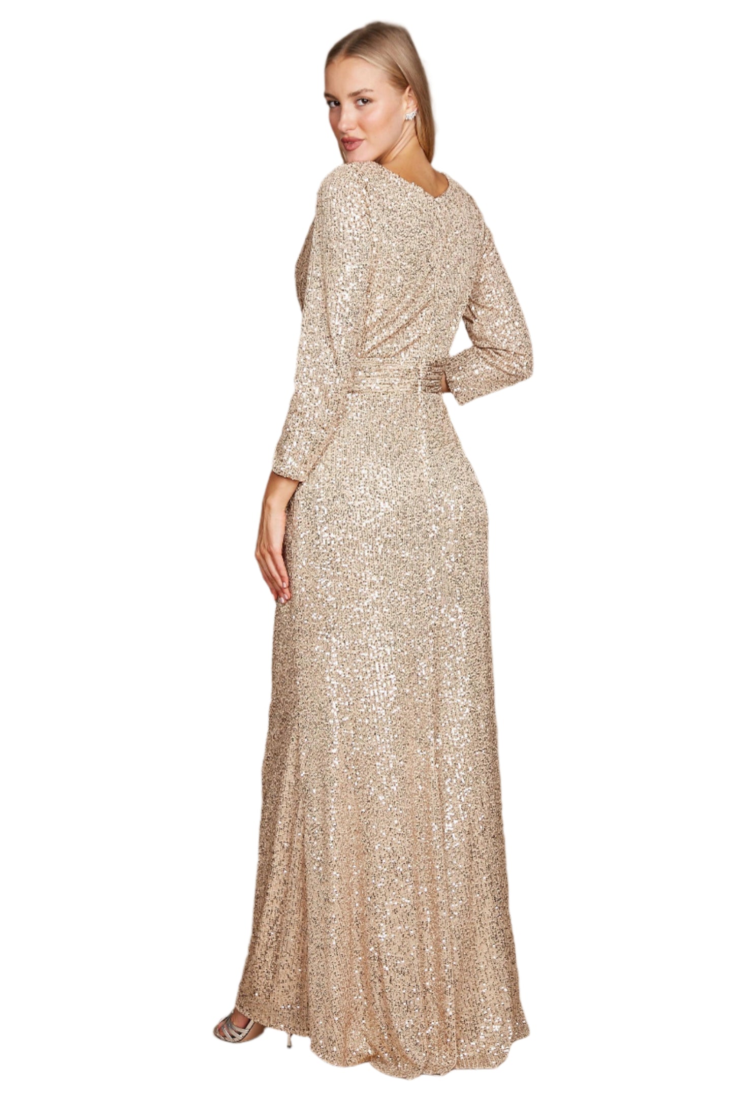 Dylan and Davids 3/4 Length Sleeve Sequin Formal Hand Beaded Gown Dress - GOLD - BACK