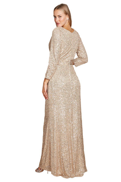 Dylan and Davids 3/4 Length Sleeve Sequin Formal Hand Beaded Gown Dress - GOLD - BACK