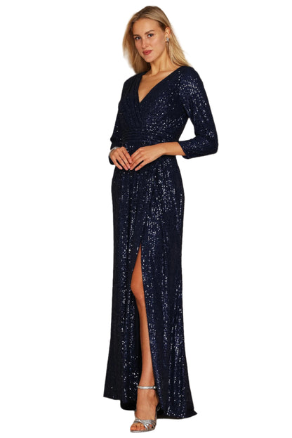 Dylan and Davids 3/4 Length Sleeve Sequin Formal Hand Beaded Gown Dress - NAVY - FRONT VIEW