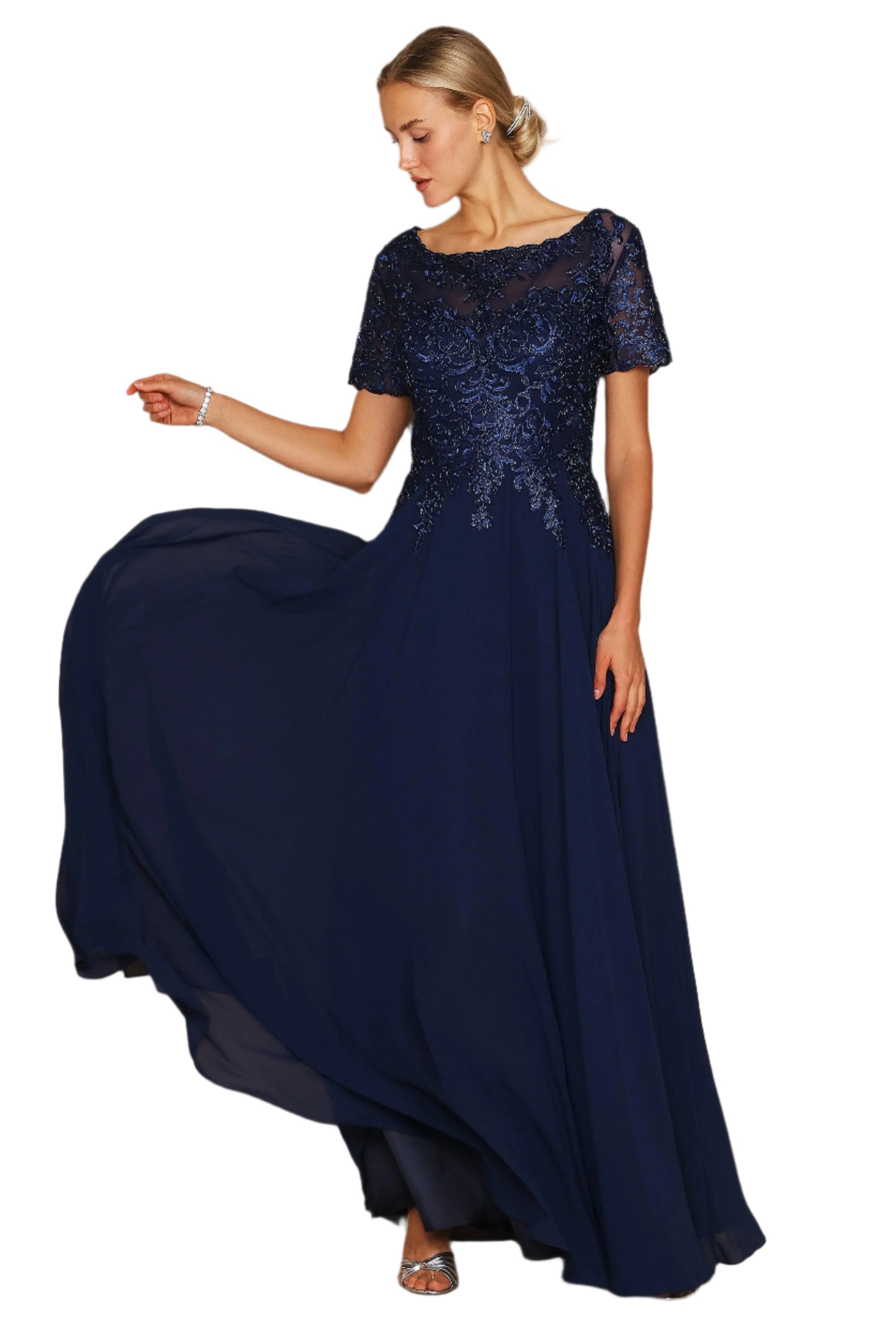 Dylan and Davids Short-Length Sleeve Mother of the Bride Formal Gown Dress - NAVY - Front