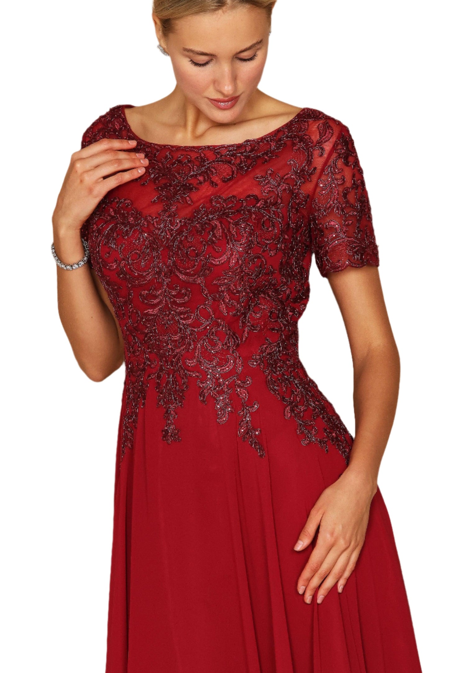 Dylan and Davids Short-Length Sleeve Mother of the Bride Formal Gown Dress - BURGUNDY - Fabric