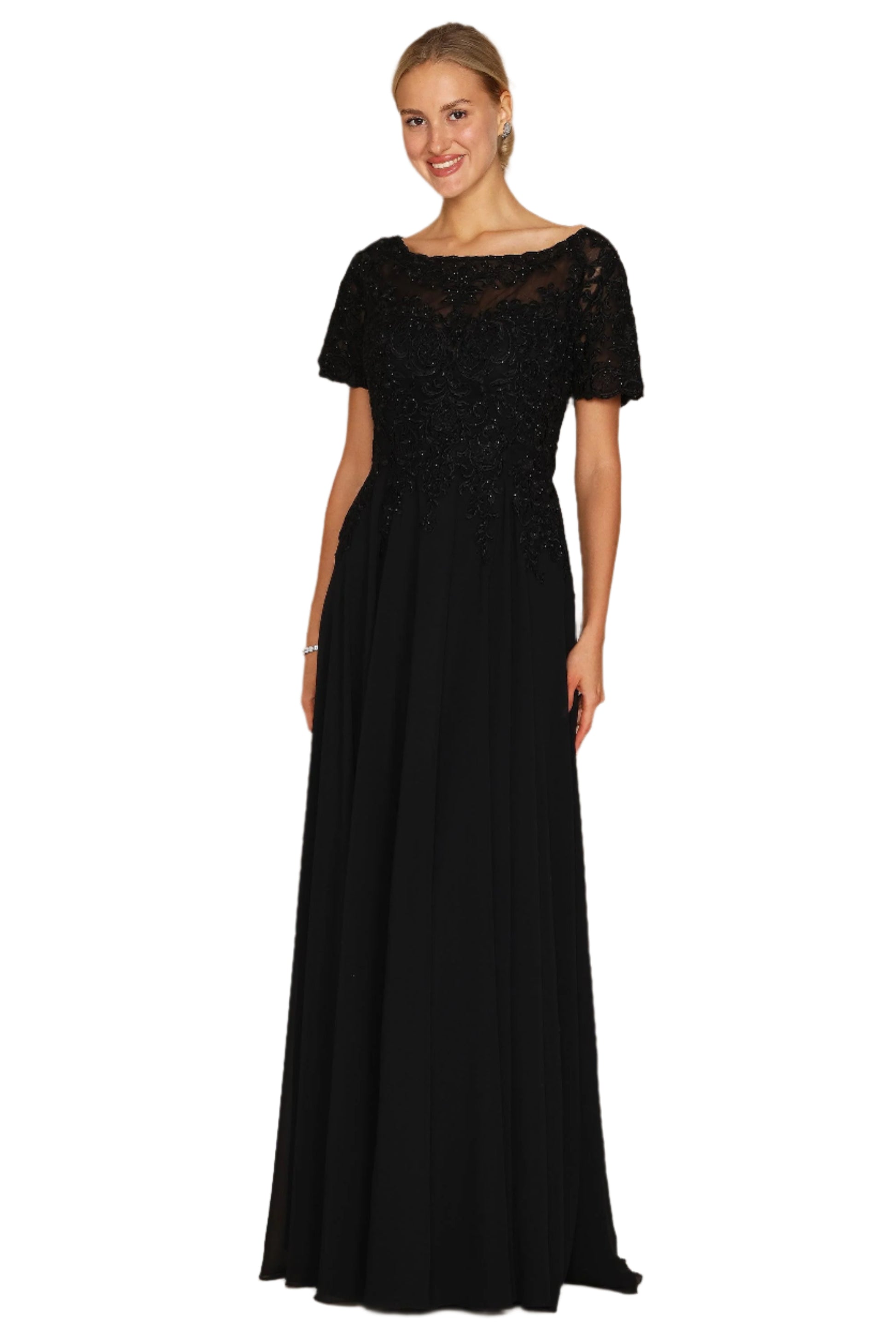 Dylan and Davids Short-Length Sleeve Mother of the Bride Formal Gown Dress - BLACK - Front View