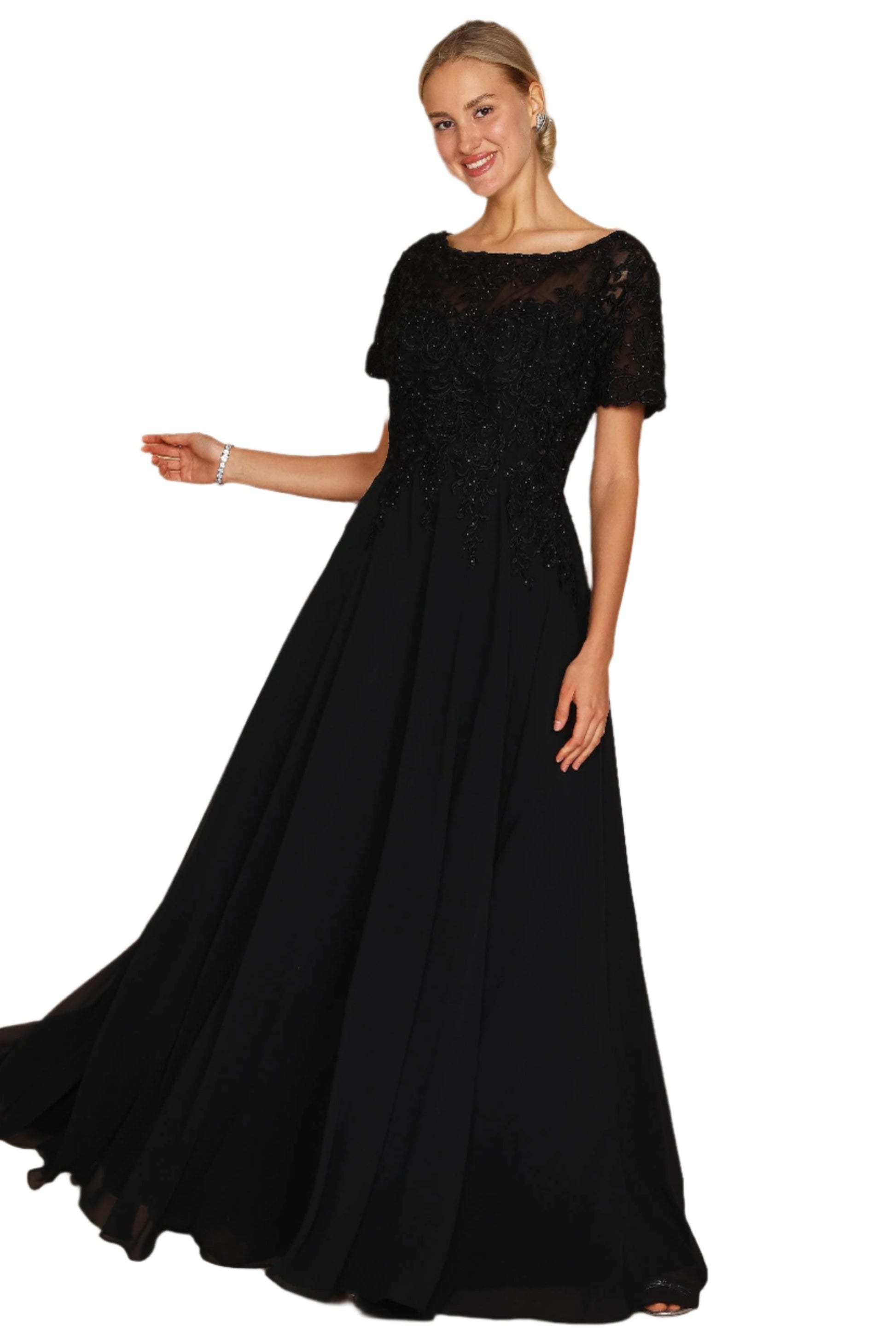 Dylan and Davids Short-Length Sleeve Mother of the Bride Formal Gown Dress - BLACK - Front