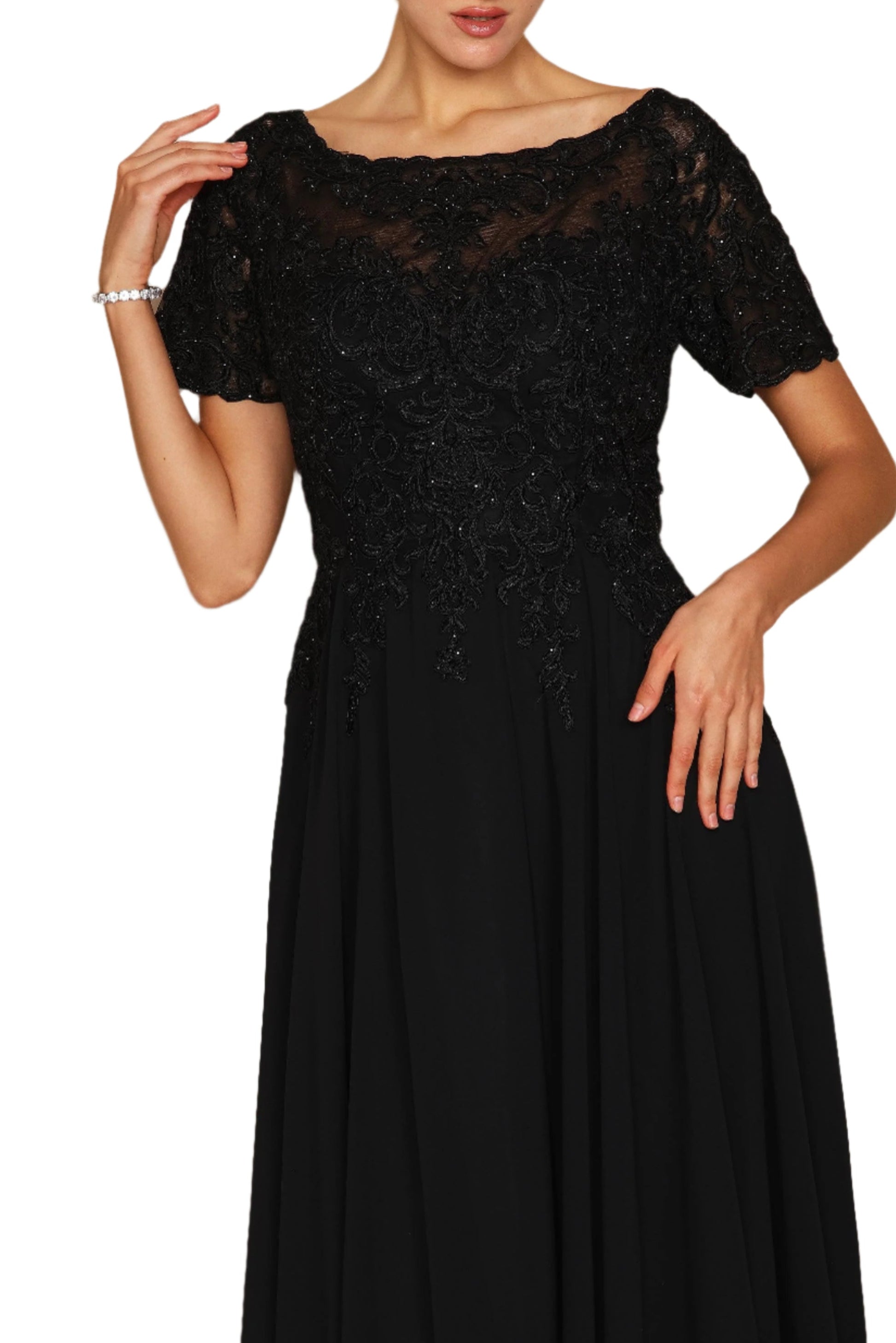Dylan and Davids Short-Length Sleeve Mother of the Bride Formal Gown Dress - BLACK - Fabric