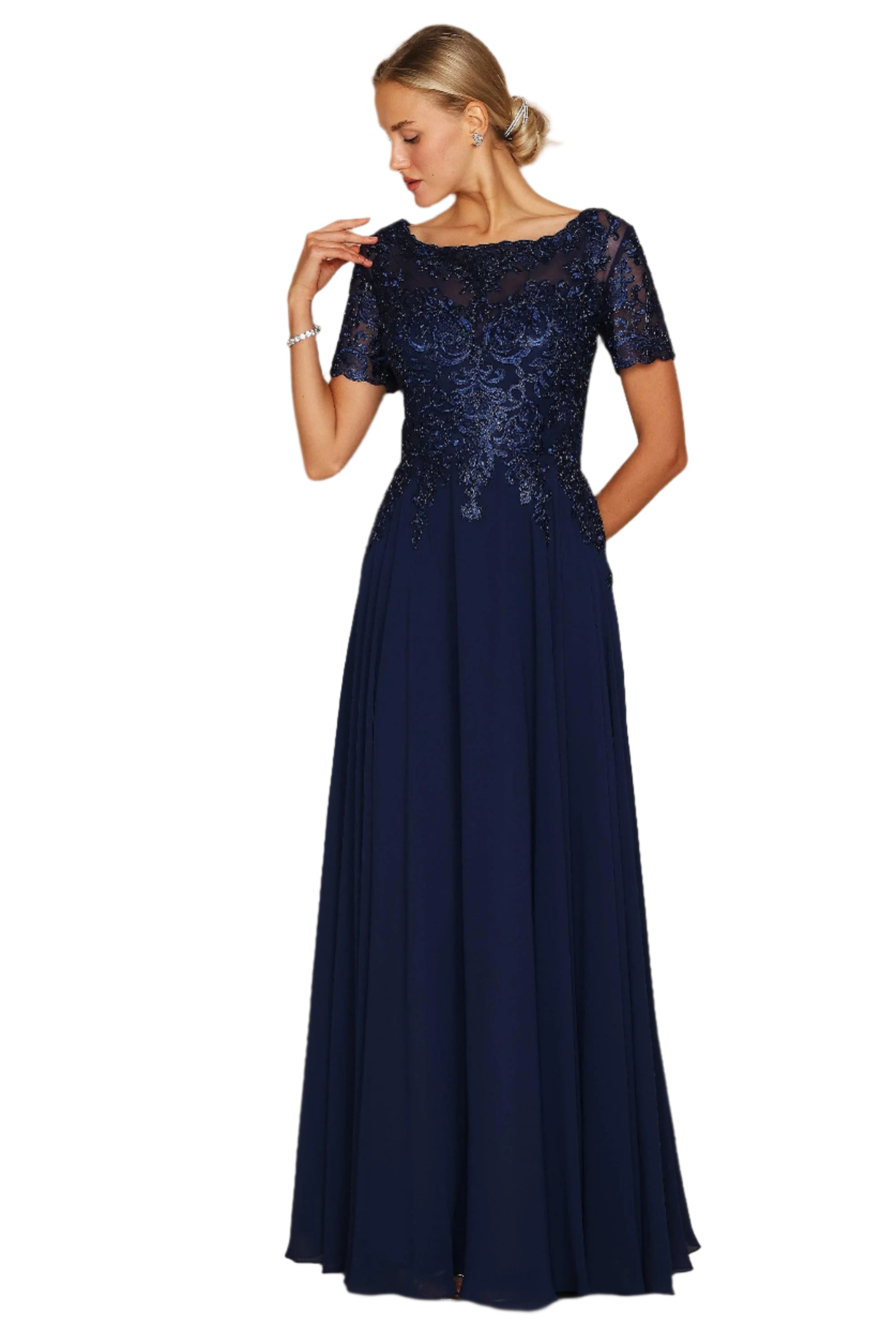 Dylan and Davids Short-Length Sleeve Mother of the Bride Formal Gown Dress - NAVY - Front View