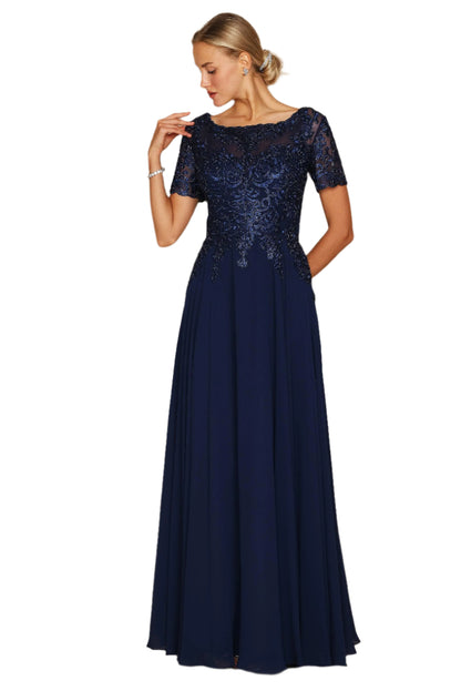 Dylan and Davids Short-Length Sleeve Mother of the Bride Formal Gown Dress - NAVY - Front View