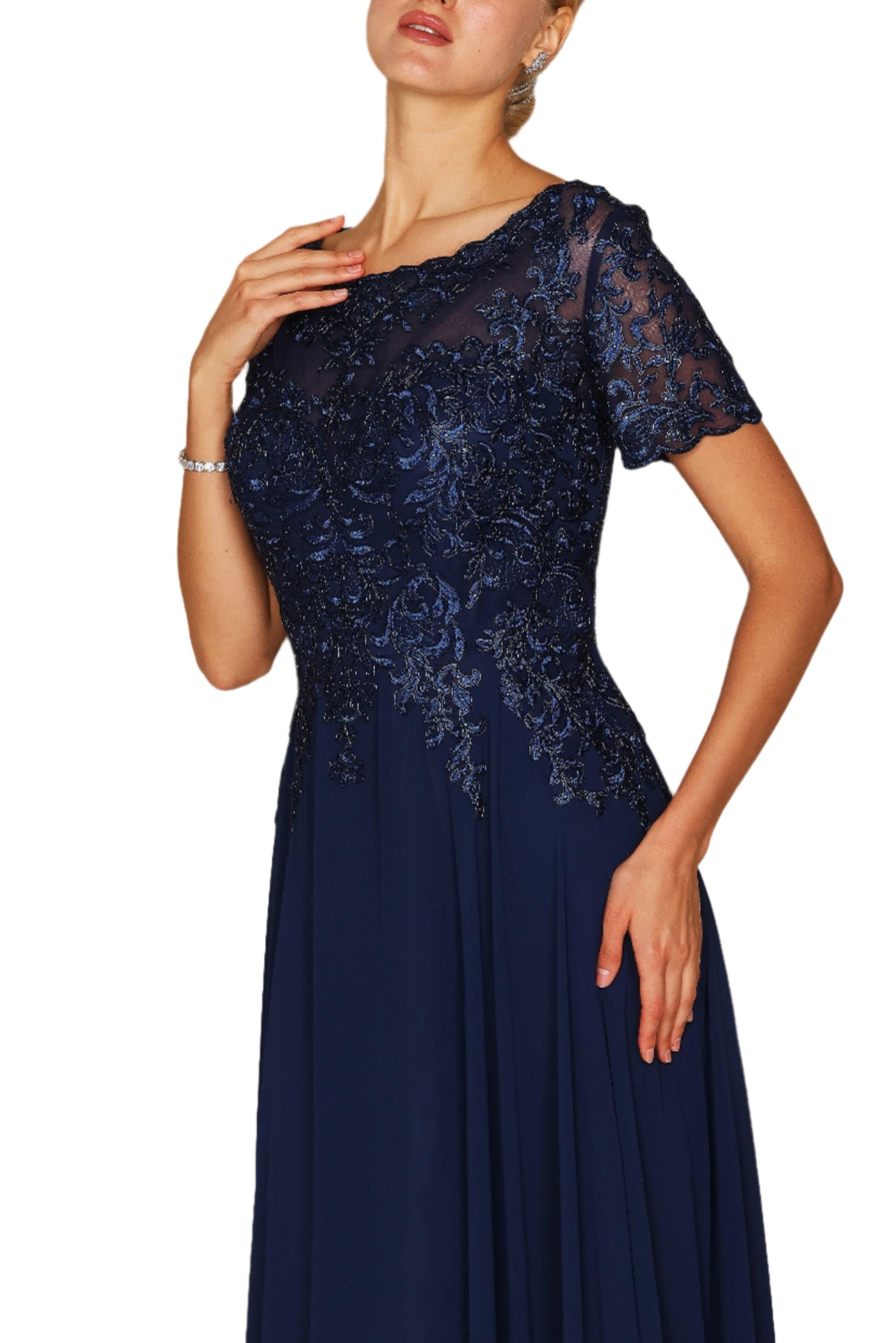 Dylan and Davids Short-Length Sleeve Mother of the Bride Formal Gown Dress - NAVY - Fabric