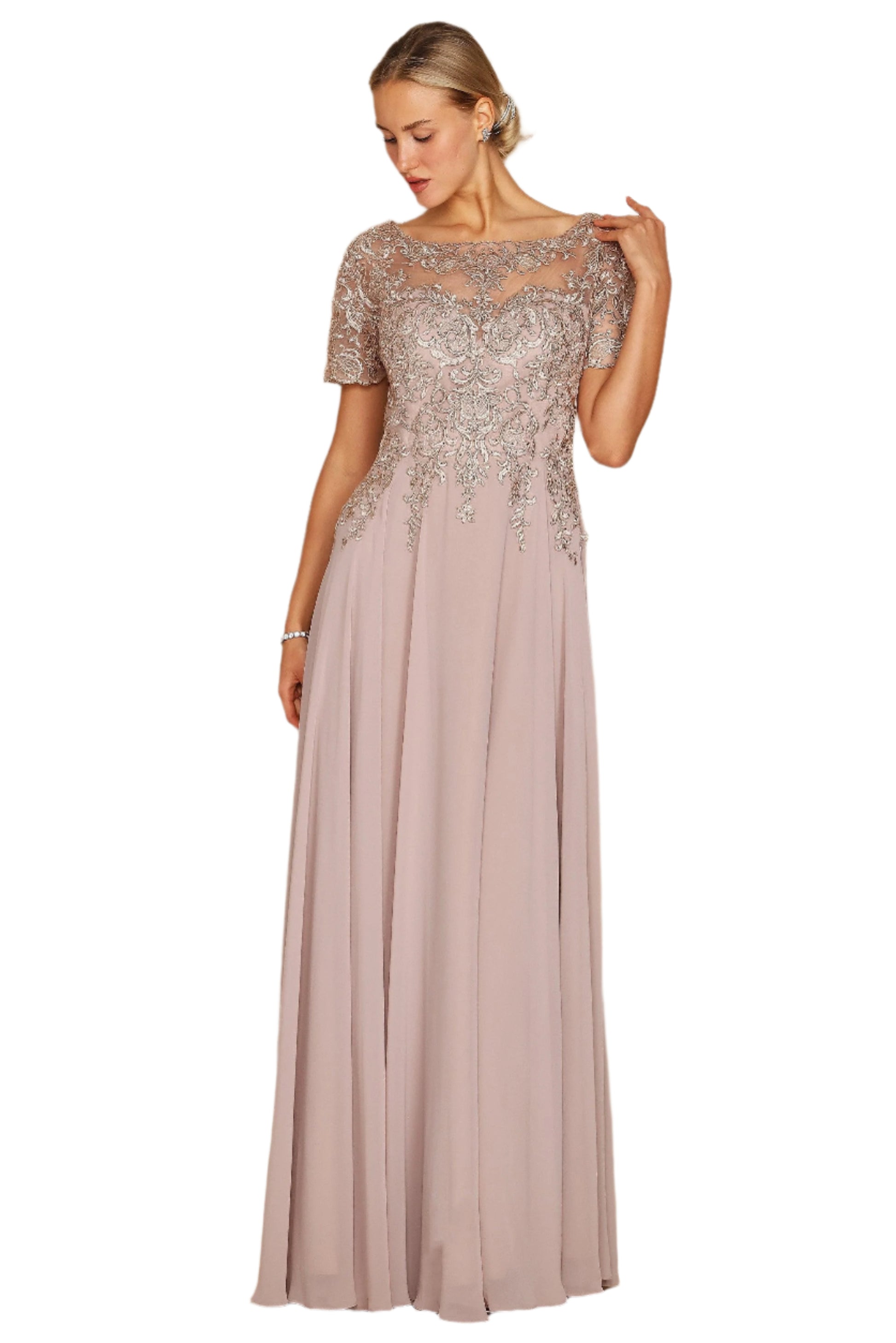 Dylan and Davids Short-Length Sleeve Mother of the Bride Formal Gown Dress - MOCHA - Front