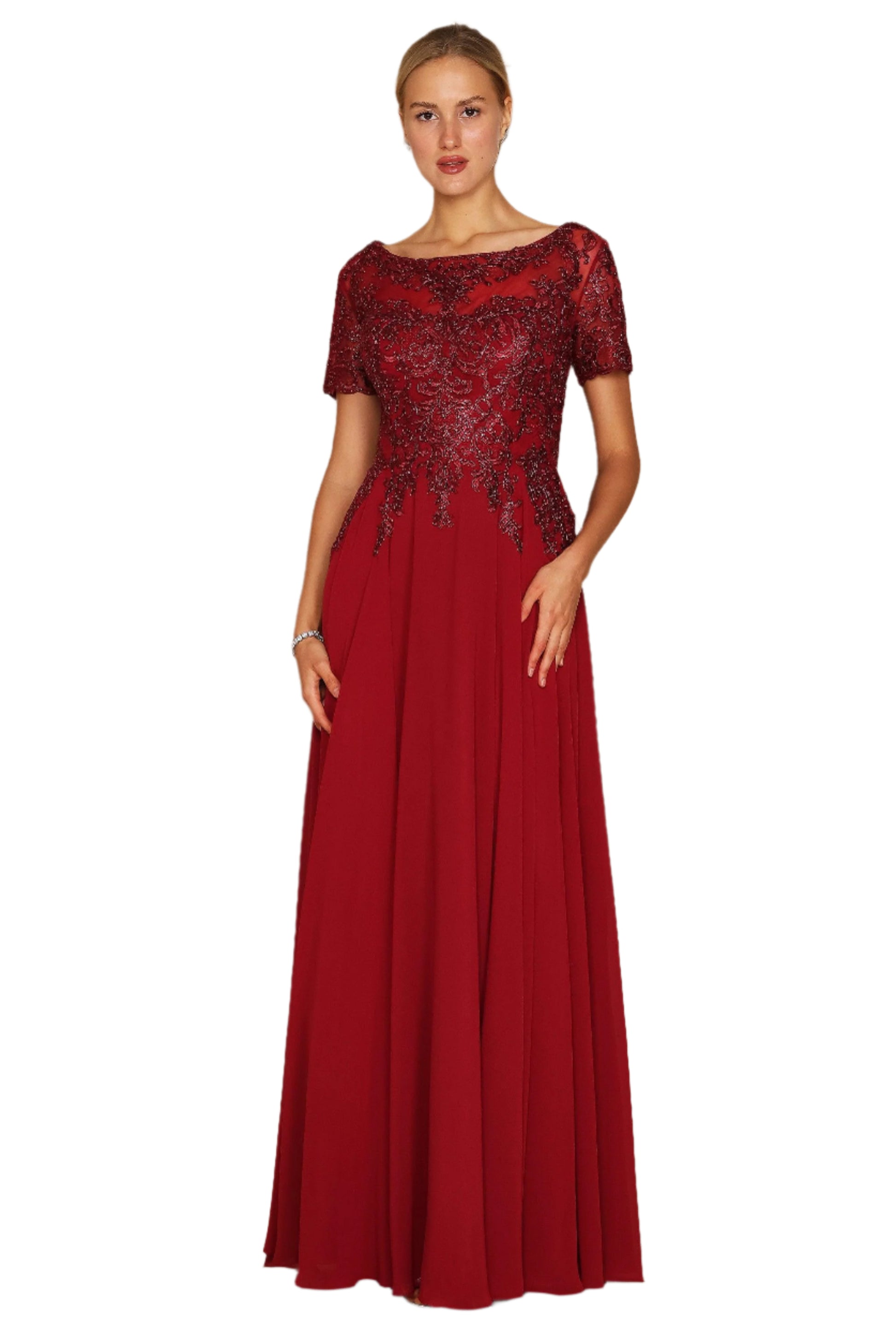 Dylan and Davids Short-Length Sleeve Mother of the Bride Formal Gown Dress - BURGUNDY - Front
