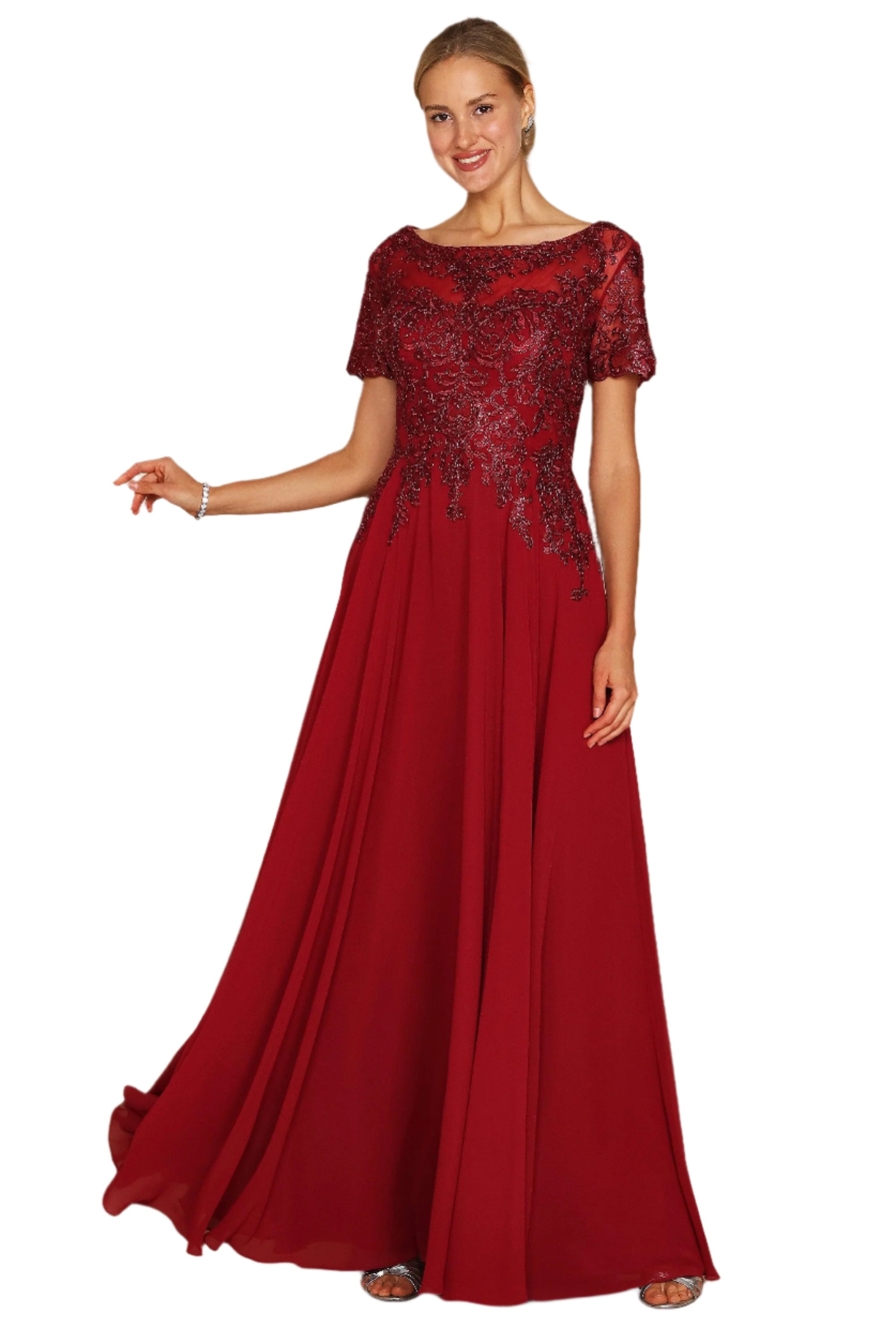 Dylan and Davids Short-Length Sleeve Mother of the Bride Formal Gown Dress - BURGUNDY - Front View