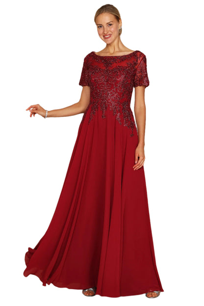 Dylan and Davids Short-Length Sleeve Mother of the Bride Formal Gown Dress - BURGUNDY - Front View
