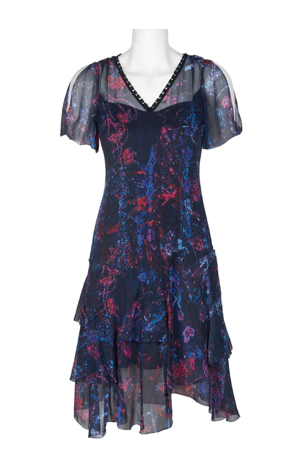 Elie Tahari Embellished V-Neck Slit Short Sleeve Zipper Back Tiered Hem Silk Dress - NAVY MULTI - Front